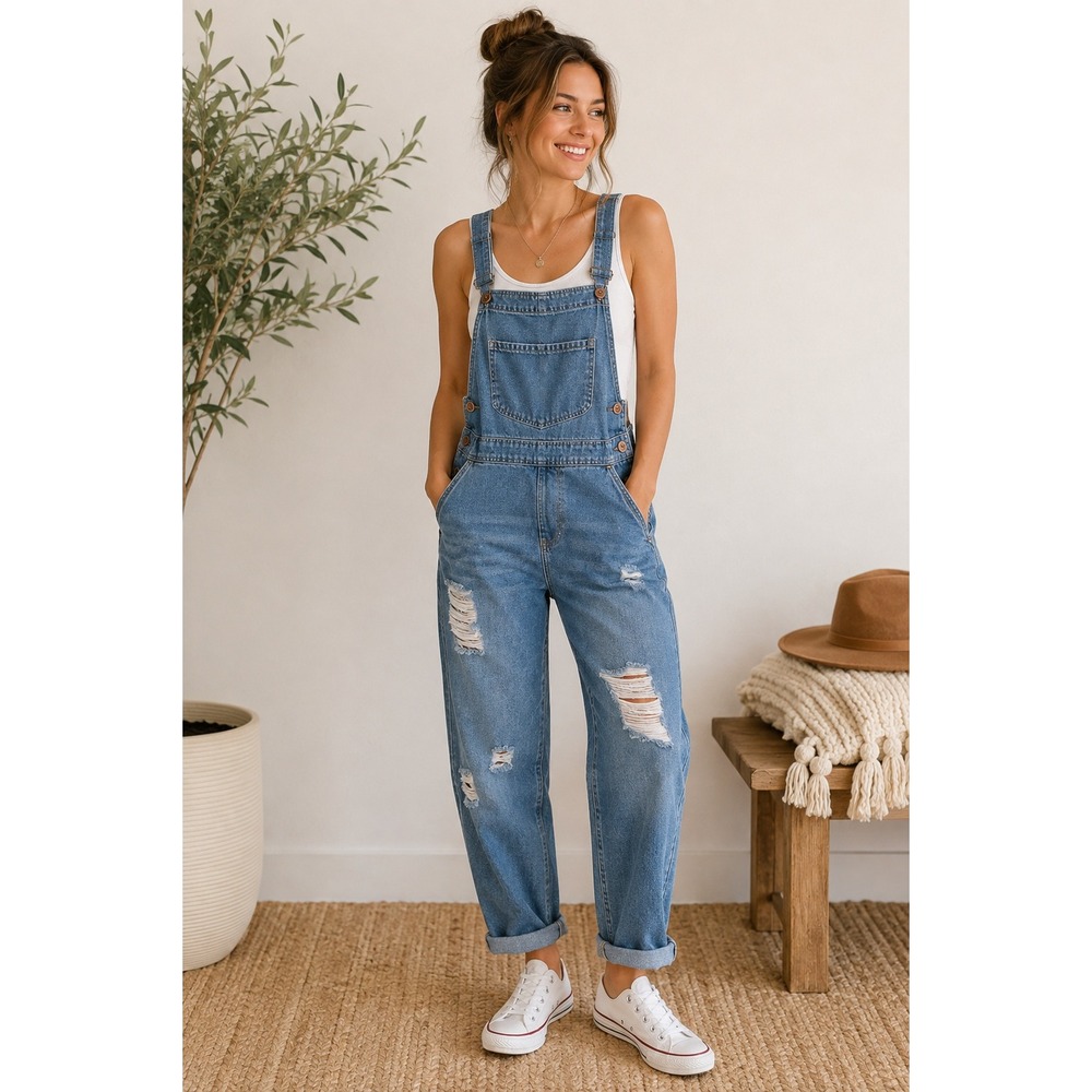 Classic Blue Distressed Denim Overalls for Women